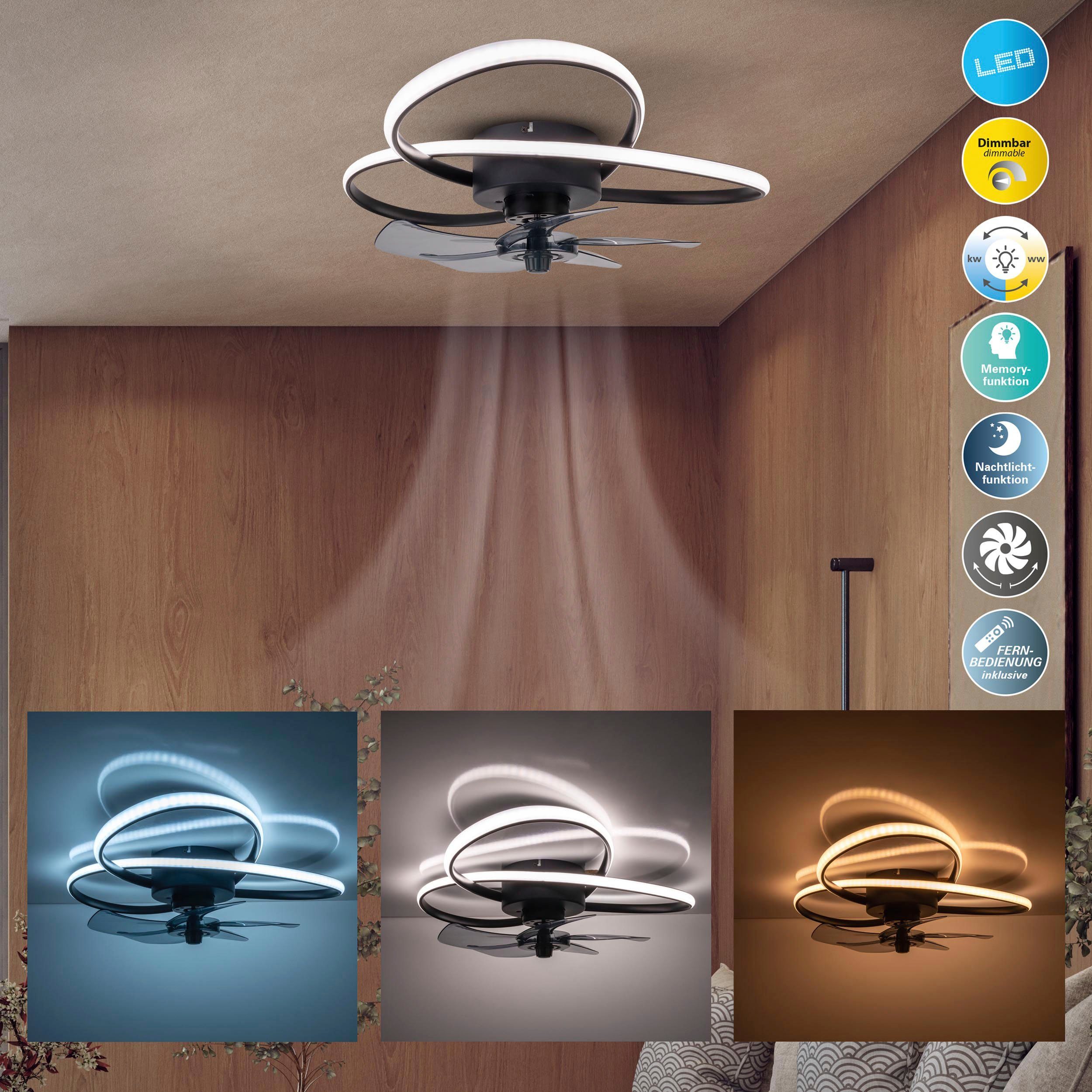 Places of Style LED Deckenleuchte Leccio, CCT - über Fernbedienung, Dimmfunktion, Fernbedienung, Infrarot inkl., Memoryfunktion, Nachtlichtfunktion, Ventilatorfunktion, LED fest integriert, Kaltweiß, Neutralweiß, Warmweiß, Ventilator in 3 Stufen scha