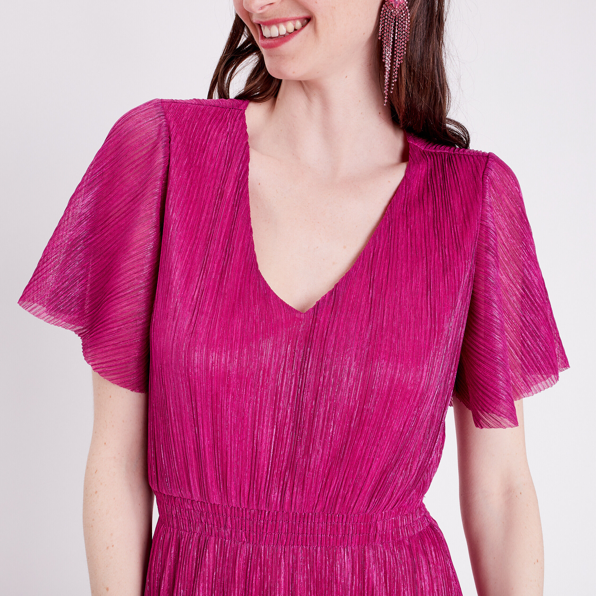 Robe longue évasée plissée rose framboise femme | Cache Cache