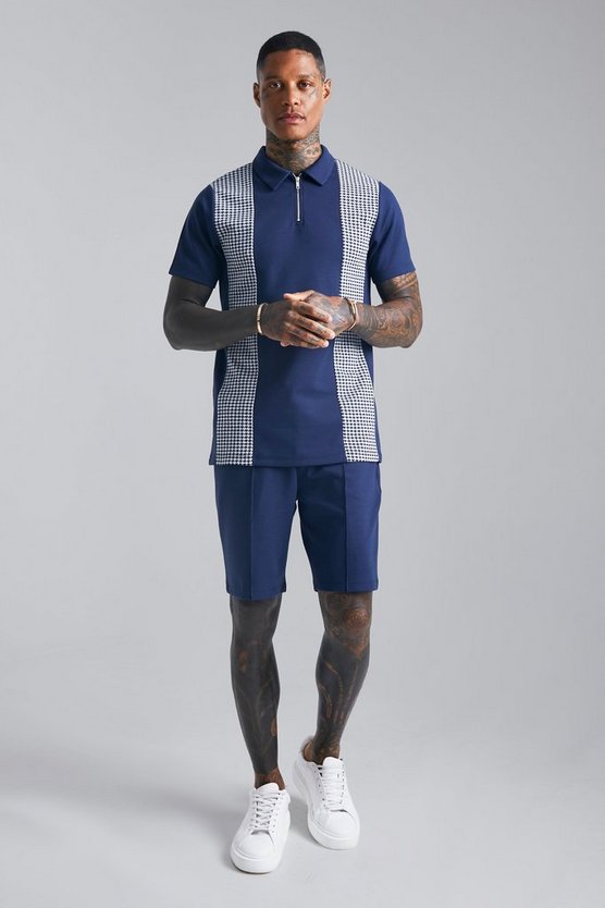 Poloshirt mit Hahnentritt Jacquard-Einsatz & Shorts