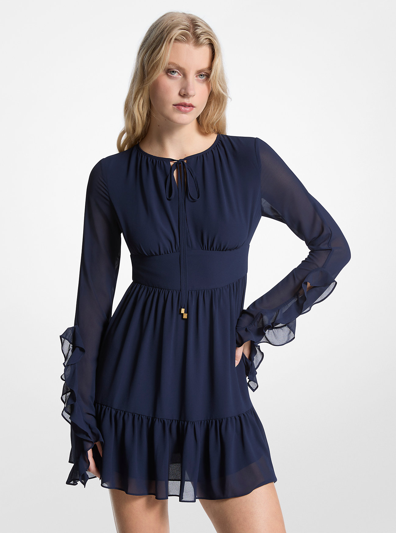 Ruffled Georgette Long-Sleeve Dress - MIDNIGHTBLUE
