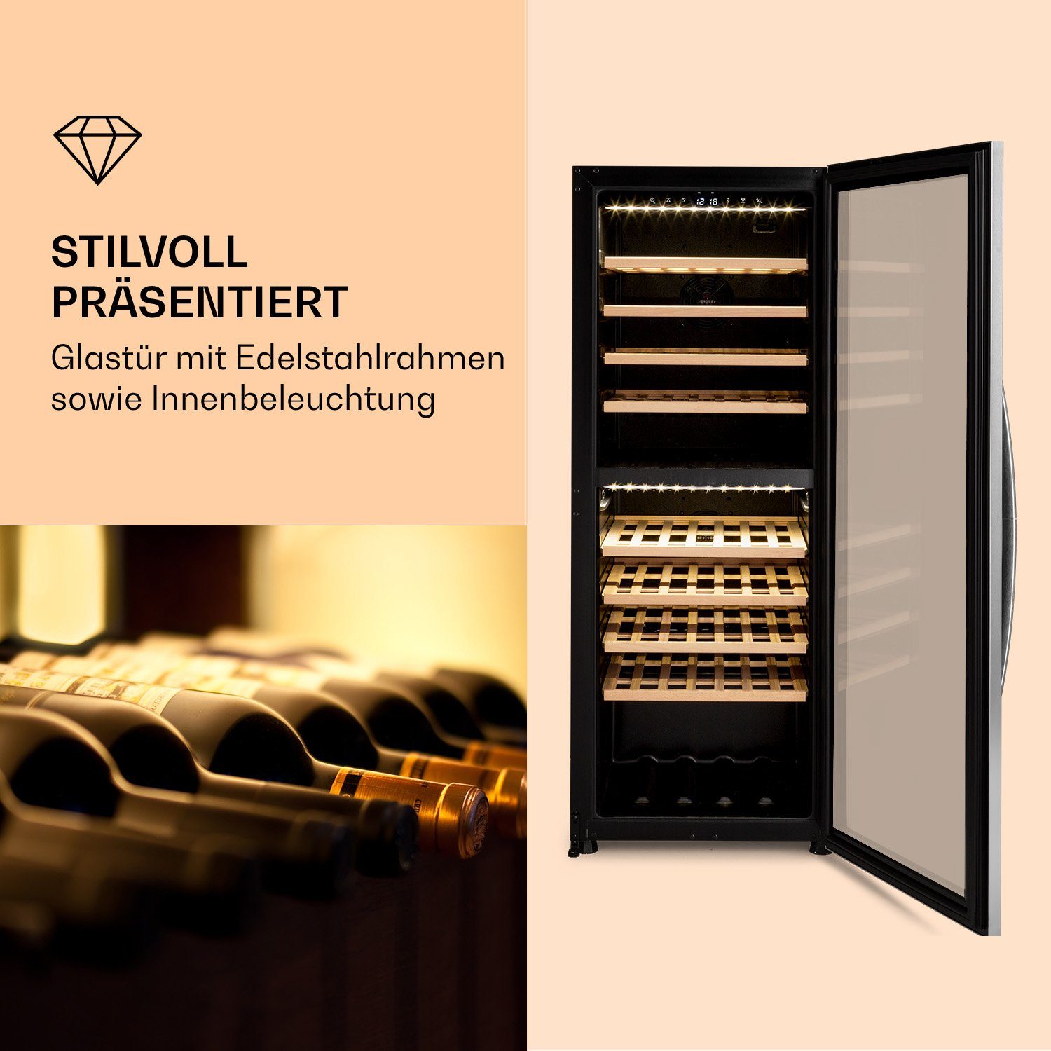 Klarstein Weinkühlschrank Vinamour 77 Duo, für 77 Standardflaschen á 0,75l,2 Zonen Wein Flaschenkühlschrank Weintemperierschrank Weinschrank