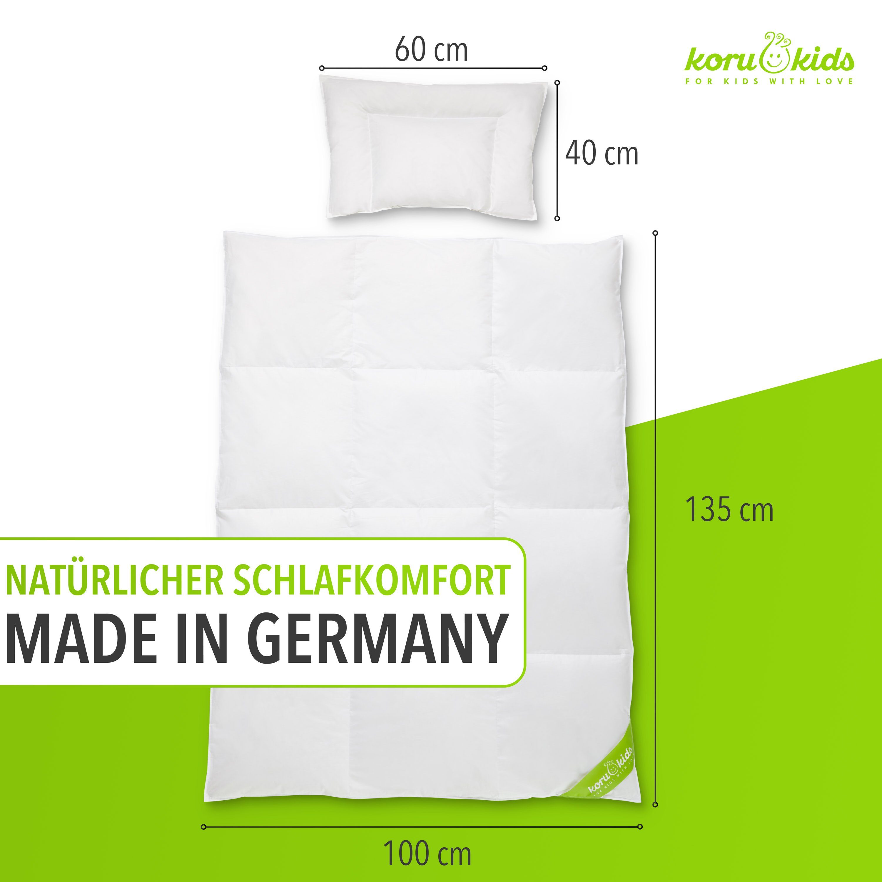 Kinderbettdecke + Kopfkissen, Daunen Kinderbettdecke 100x135 Set mit Kissen, Koru Kids, Füllung: 100% neue deutsche Entendaunen, made in Germany, waschbar bis 60°, natürliches Schlafen für Ihr Kind