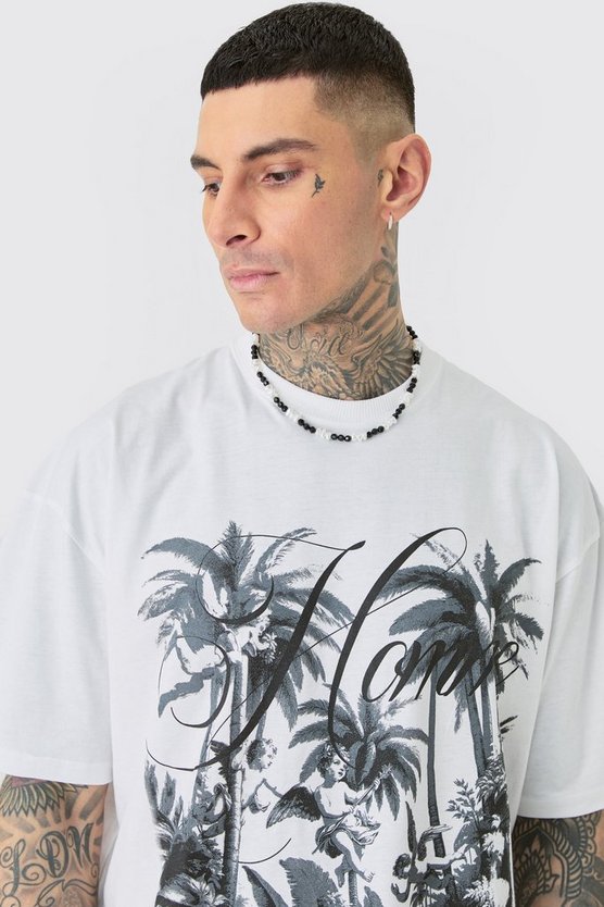 Tall Oversized Palm Print Renaissance T-shirt In White