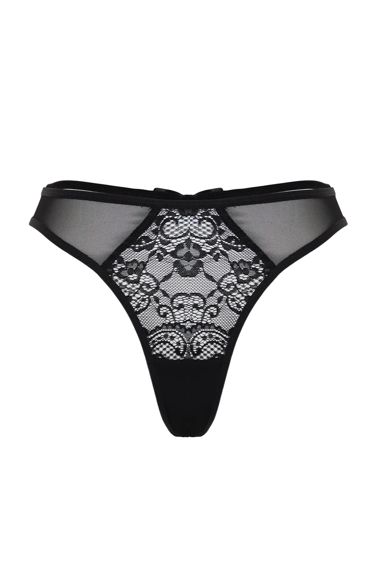 Trendyol Collection  Schwarzer Tanga mit Spitzentüll und Schleife THMSS24KU00037