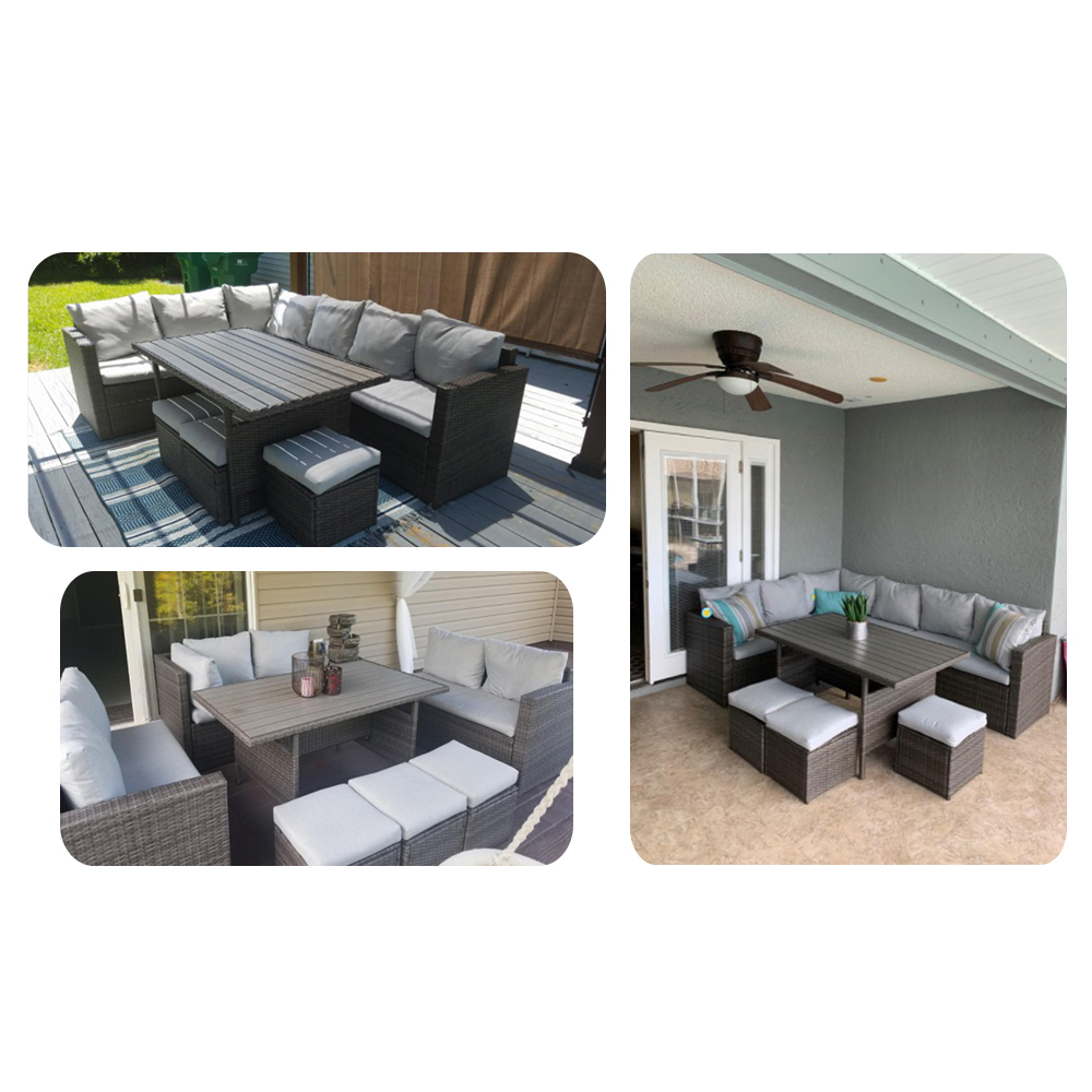 MeXo Lounge Set Polyrattan Gartenmöbel 7-teile für 6-9 Personen Garten & Balkon (grau & hellgrau)