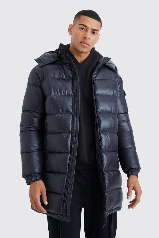 Hochglänzende gepolsterte Steppjacke mit Kapuze