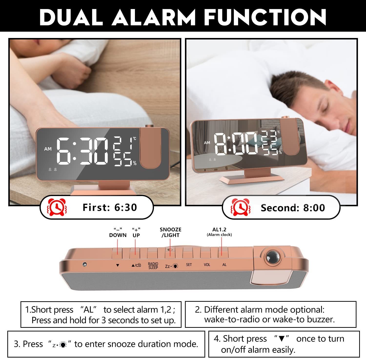 Mutoy Projektionswecker Projektionswecker, Projektions Radio Wecker digital mit Dual-Alarm 180° Projektor,LED-Anzeige, Snooze,4 Projektionshelligkeit,32FM Radio