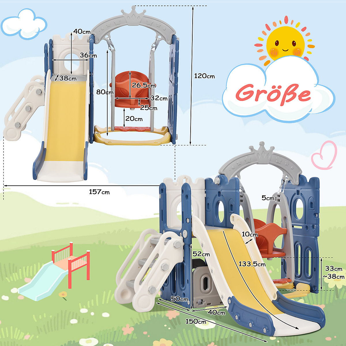 Rutsche 5-in-1 Kinderrutsche mit Schaukeln, Basketballkorb, Kletterspielzeug mit Trittleiter