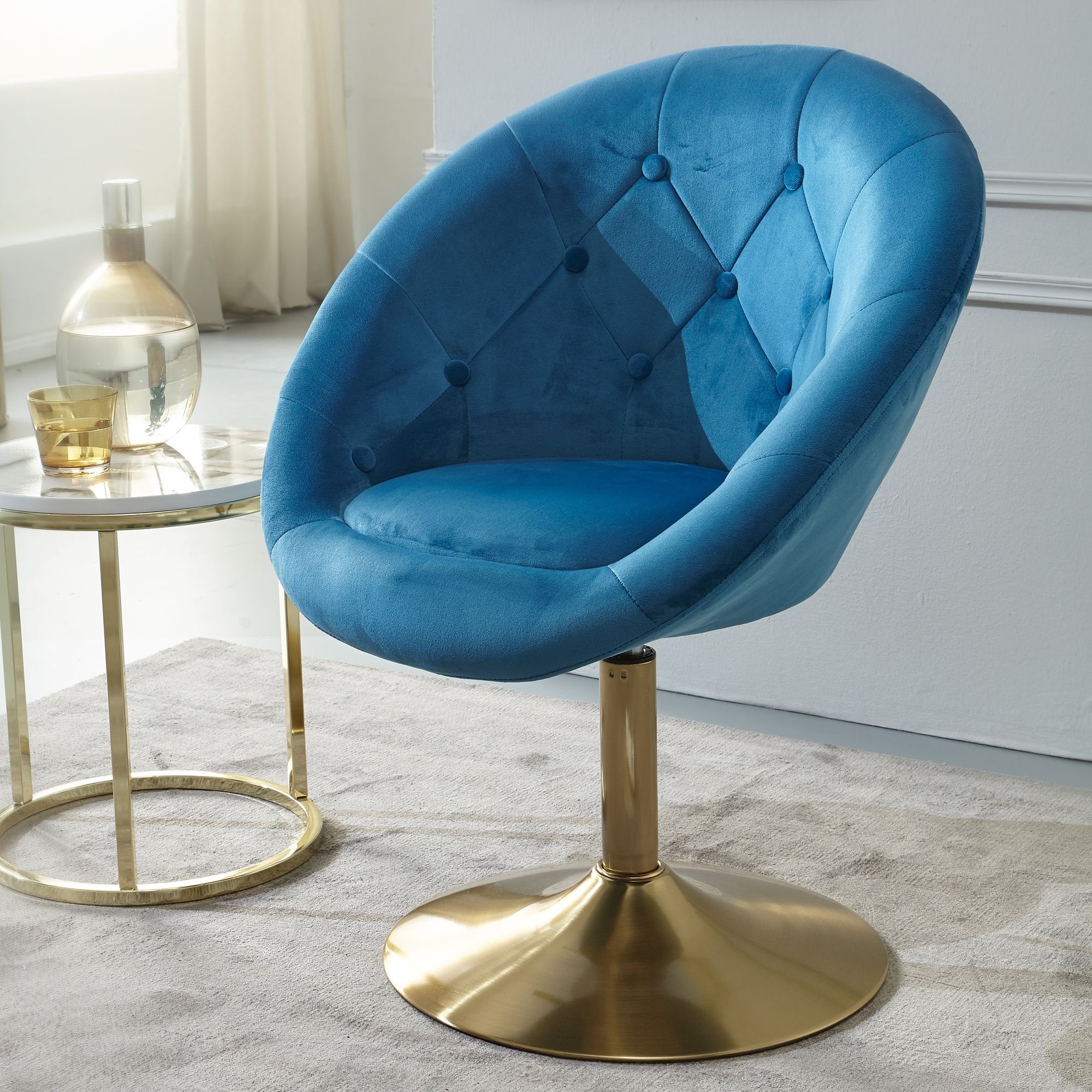 FINEBUY Polsterstuhl FB24204 (Samt Blau / Gold Design Drehstuhl mit Rückenlehne), Clubsessel Lounge, Relaxsessel Loungesessel
