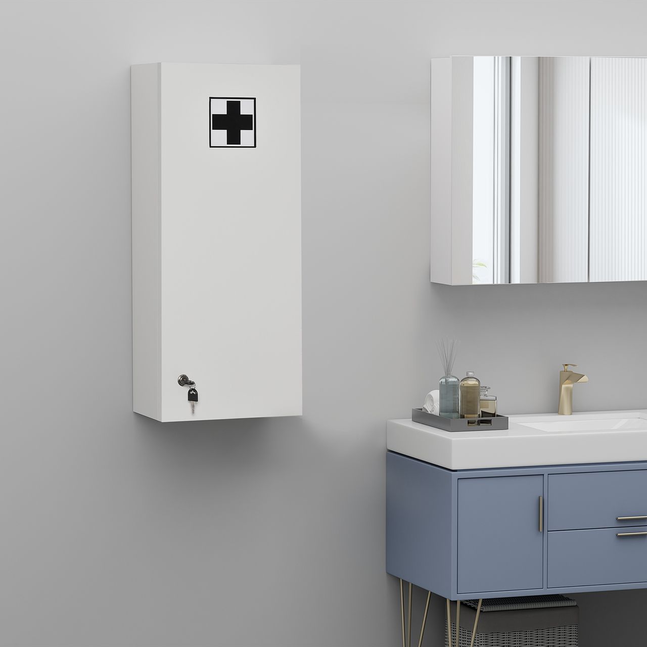 kleankin Medizinschrank Arzneischrank Wandschrank Hängeschrank mit verstellbarer Ablage Erste-Hilfe-Kreuz abschließbar für Badezimmer Küche Flur Weiß 30x20x70 cm
