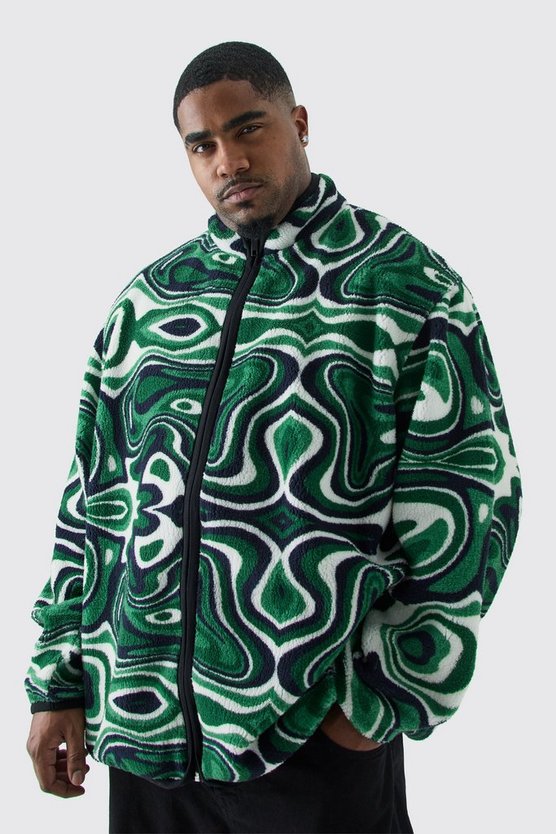 Plus Oversized Abstract Print Borg Funnel Neck Jacket