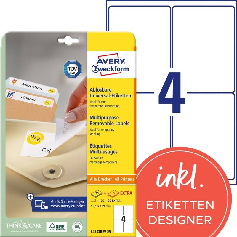 AVERY Zweckform L4733REV-25 Ablösbare Universaletiketten DIN A4 Weiß 99,1 x 139 mm 30 Blatt à 4 Etiketten