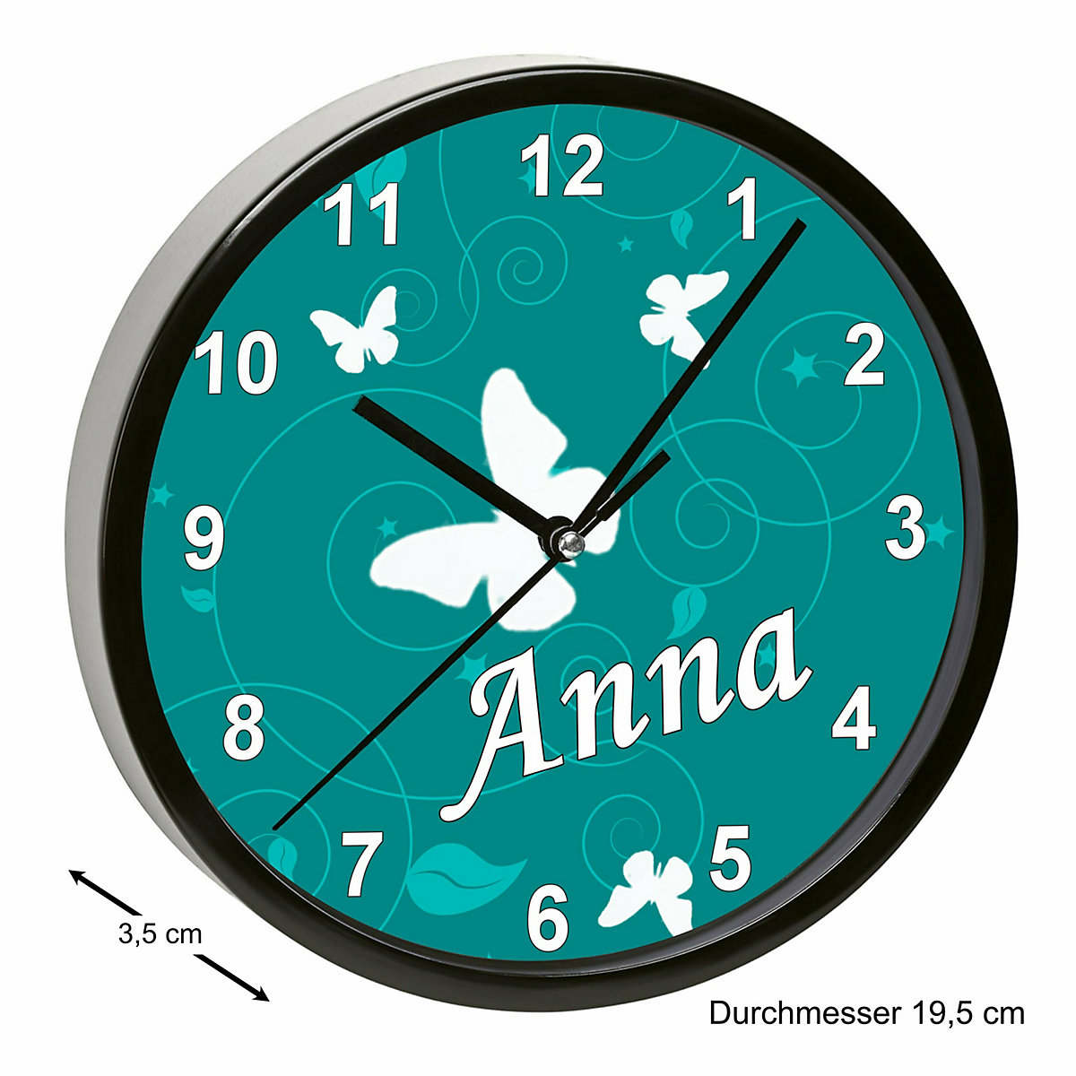 Kinder Wanduhr personalisiert mit Name Schmetterling Petrol