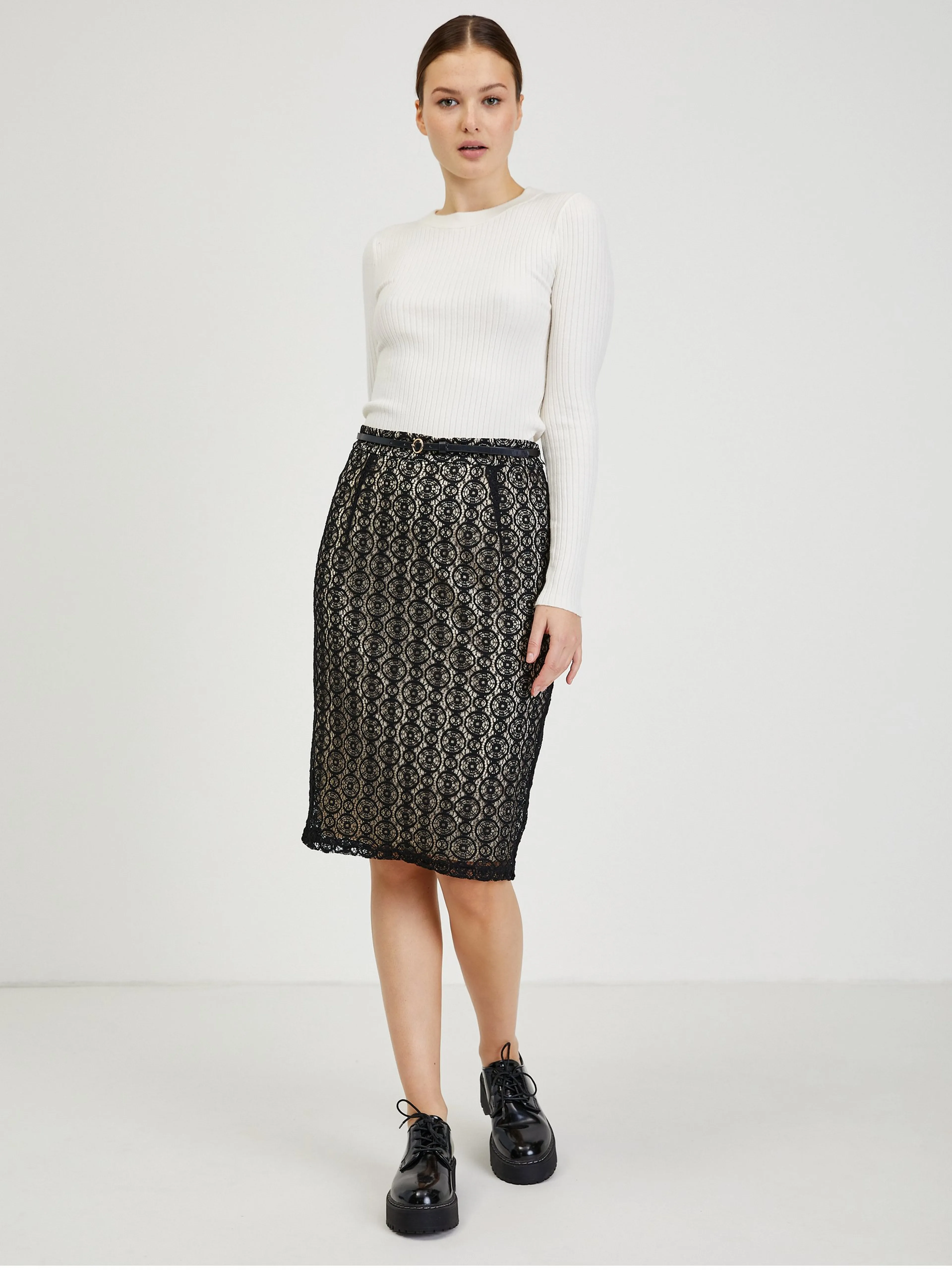 Beige-schwarzer Damen-Spitzenrock ORSAY