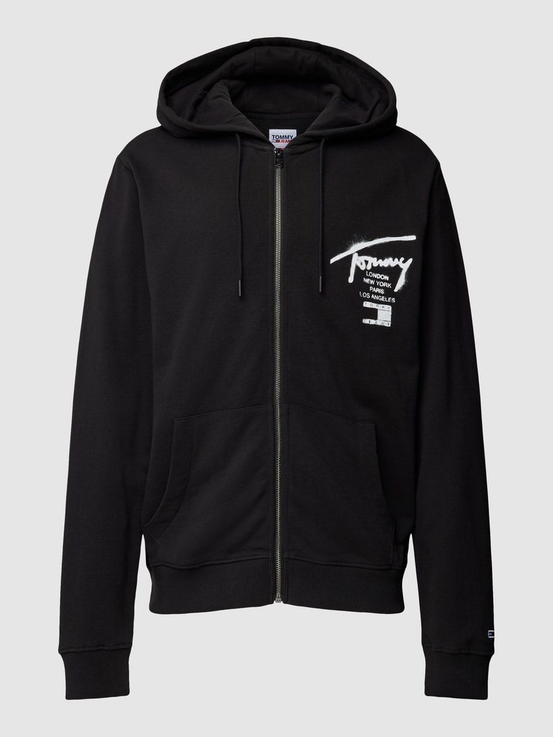 Sweatjacke mit Label-Print und Eingrifftaschen in schwarz