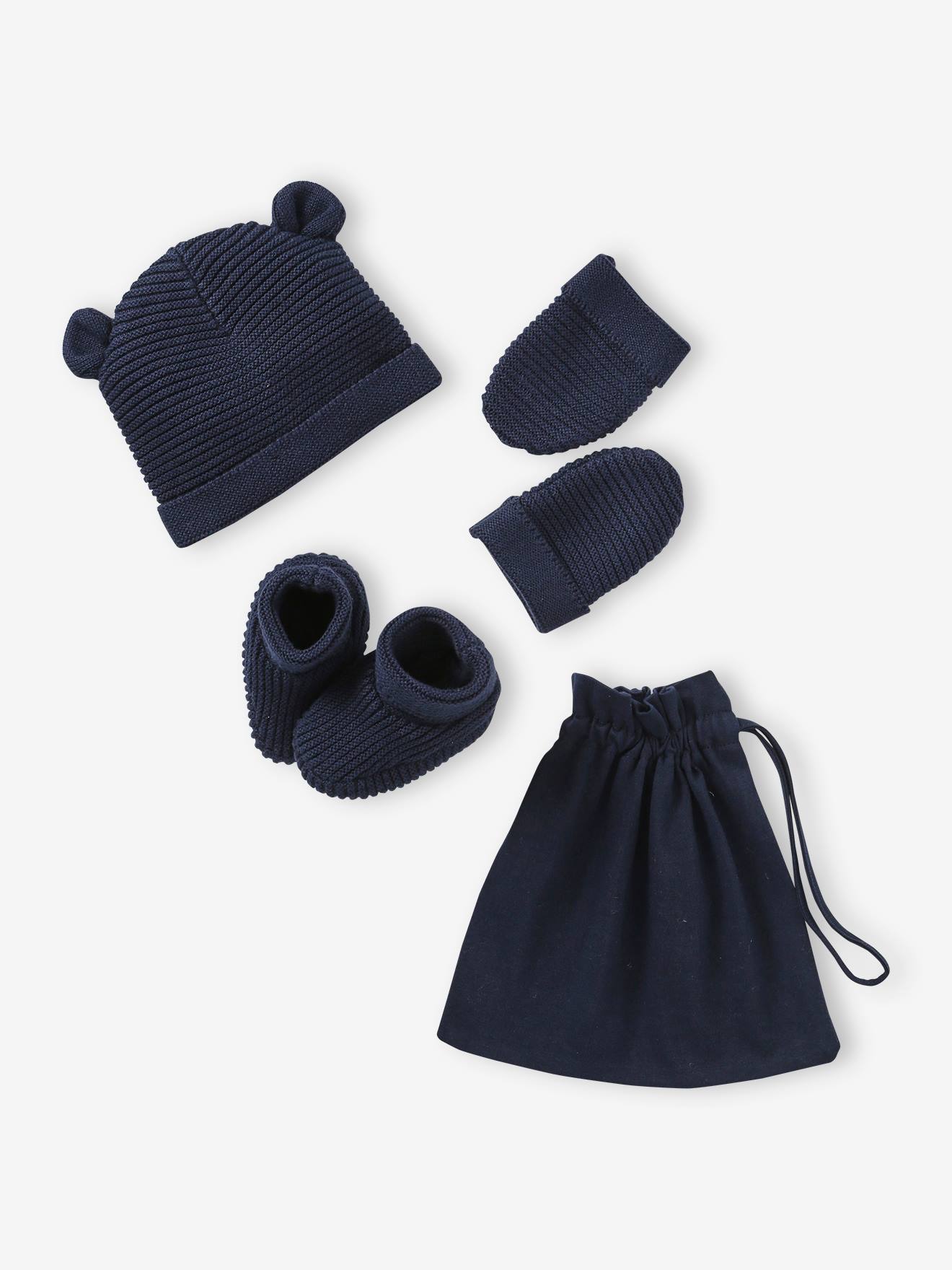 Ensemble bonnet, moufles et chaussons bébé naissance et son sac assorti marine
