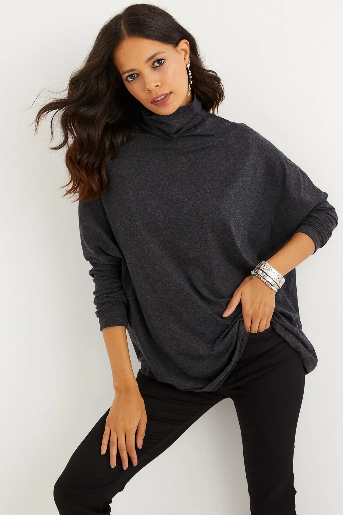 Cool & Sexy  Anthrazitfarbene Fischerbluse mit Fledermausärmeln für Damen EY1049