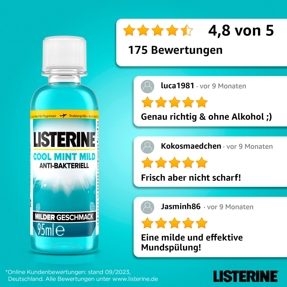 Mundspülung Cool Mint milder Geschmack Reisegröße, 95 ml
