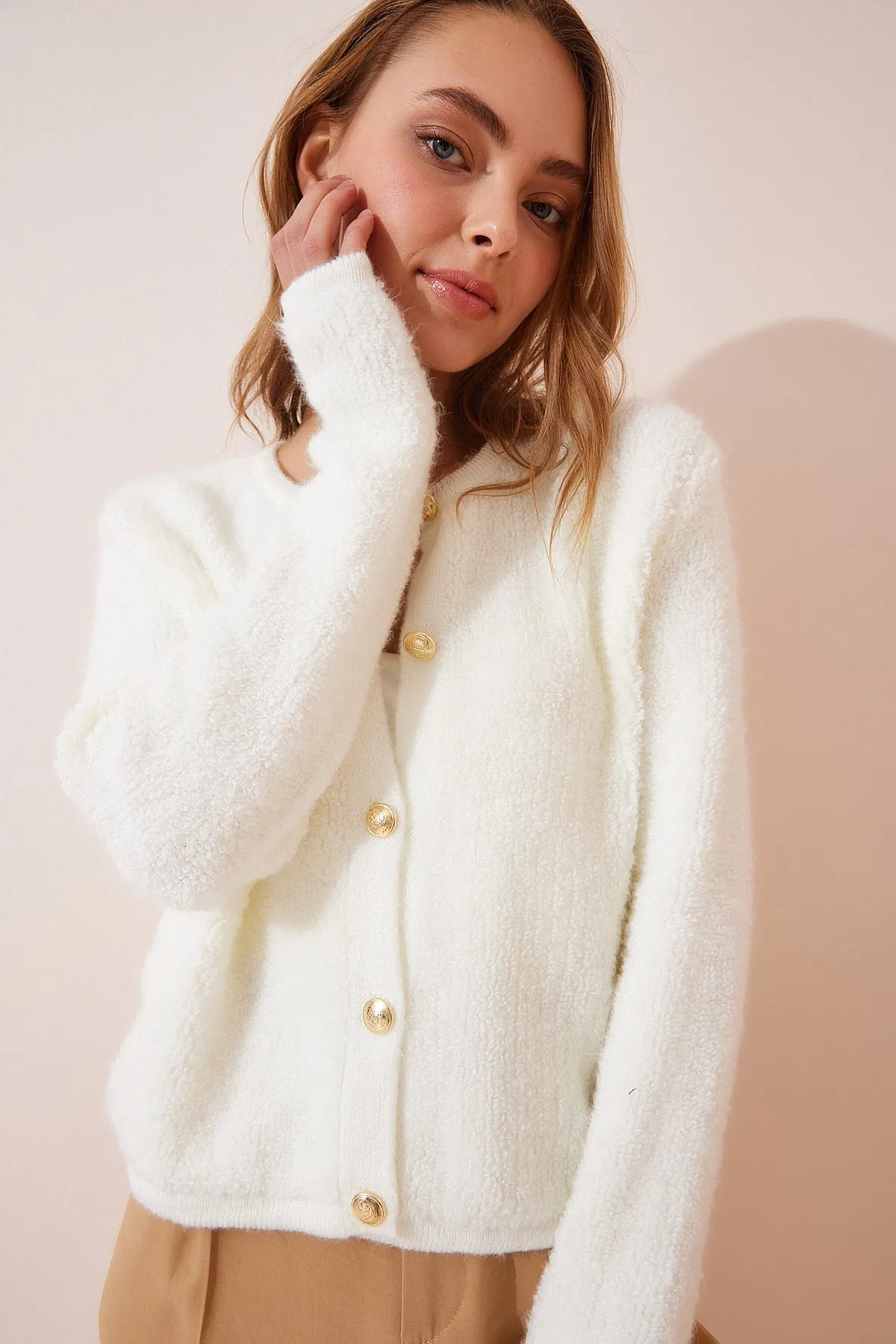 Happiness İstanbul  Strickjacke - Ecru - Regular Fit