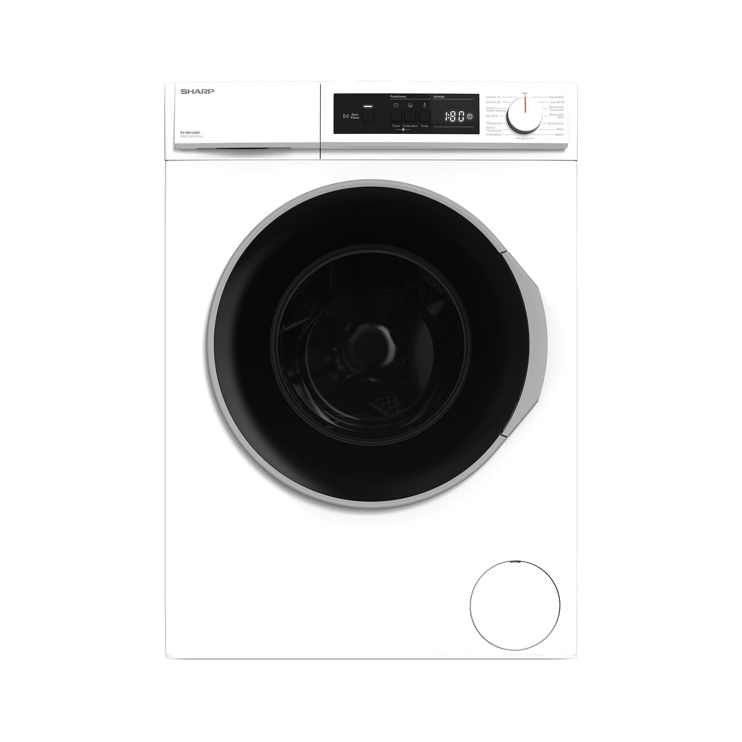 Sharp Waschmaschine ES-W814IAW1-DE, 8 kg, 1400 U/min, Inverter Motor, AquaStop, Überlaufschutz, LED-Diplay, 15 Programme