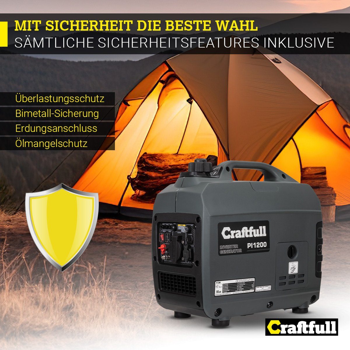 Craftfull Stromerzeuger Stromgenerator Benzin Power Inverter PI1200/ PI2000, 1,50 in kW, (Stromerzeuger 2x Fast-Charge USB-Anschluss - 12 V/8,3 A - Eco Modus - Ölmangelschutz - reine Sinuswelle für sensible Elektronik, 1-tlg., Spitzenleistung 1200 W