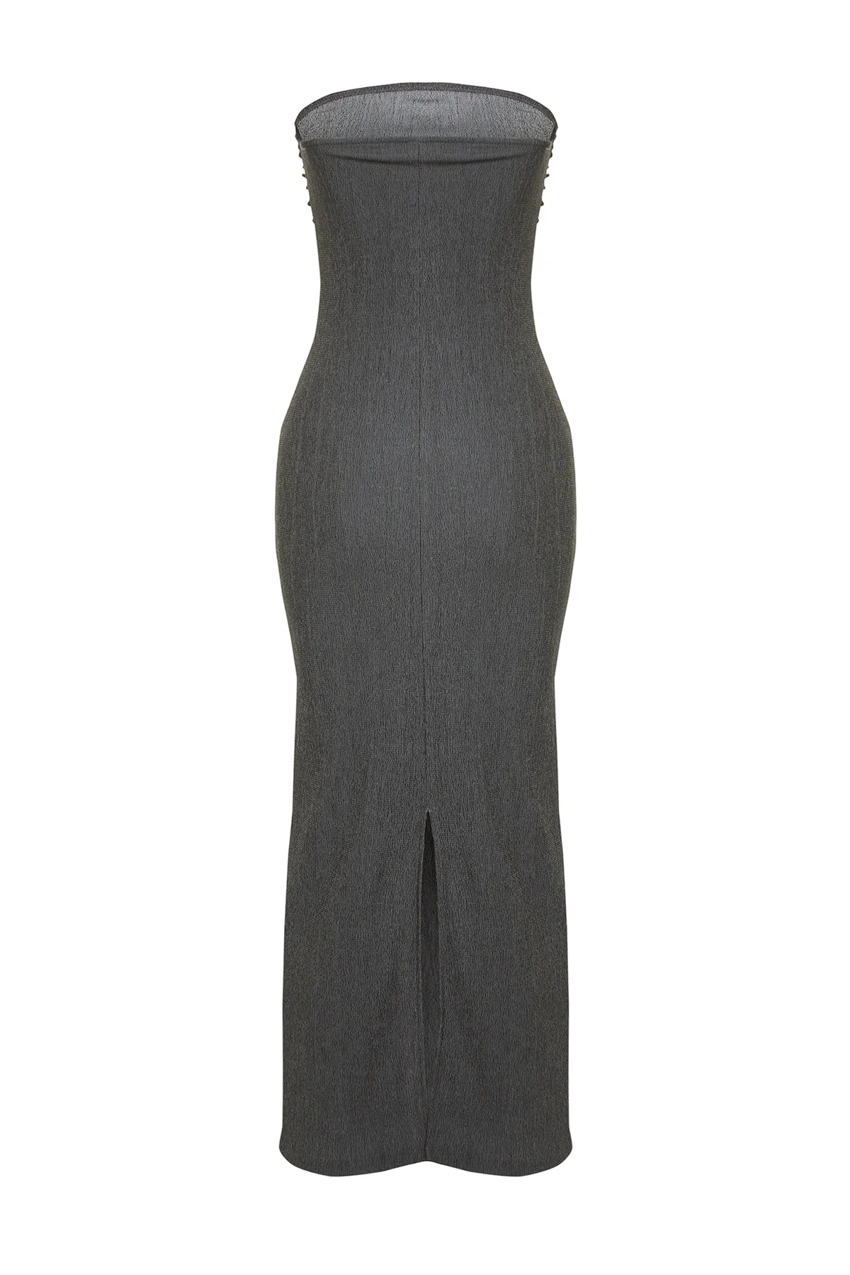 Trendyol Collection  Anthrazitfarbenes, trägerloses, gerafftes, tailliertes Midi-Bleistiftkleid aus flexiblem Strick TWOSS24EL00287
