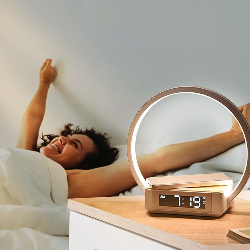 Sarfly Glockenwecker Tischlampe Wake Up Licht Wecker LED Nachttischlampe Touch Control Dimmbar,5W Wireless Charger Tischleuchte