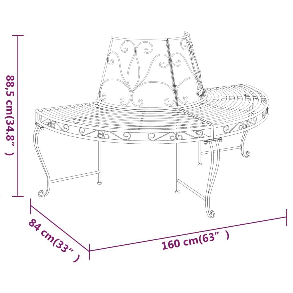vidaXL Gartenbank Baumbank Halbrund Ø160 cm Schwarz Stahl (1-St)