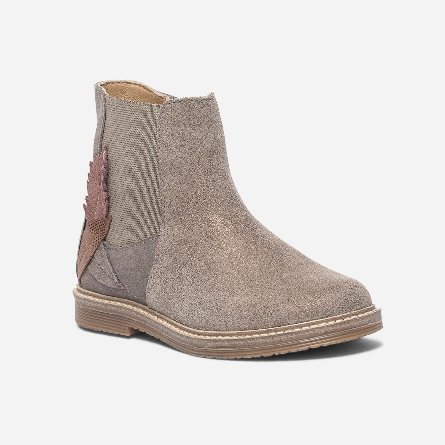 Chelsea boots taupe irisé en cuir velours avec plumes