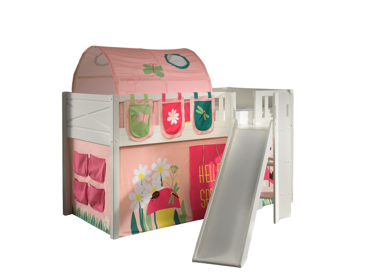 VIPACK Spielbett SCOTT, LF 90 x 200 cm, mit Rolllattenrost, Rutsche, Leiter und Textilset Vorhang, Tunnel und 3 Taschen 