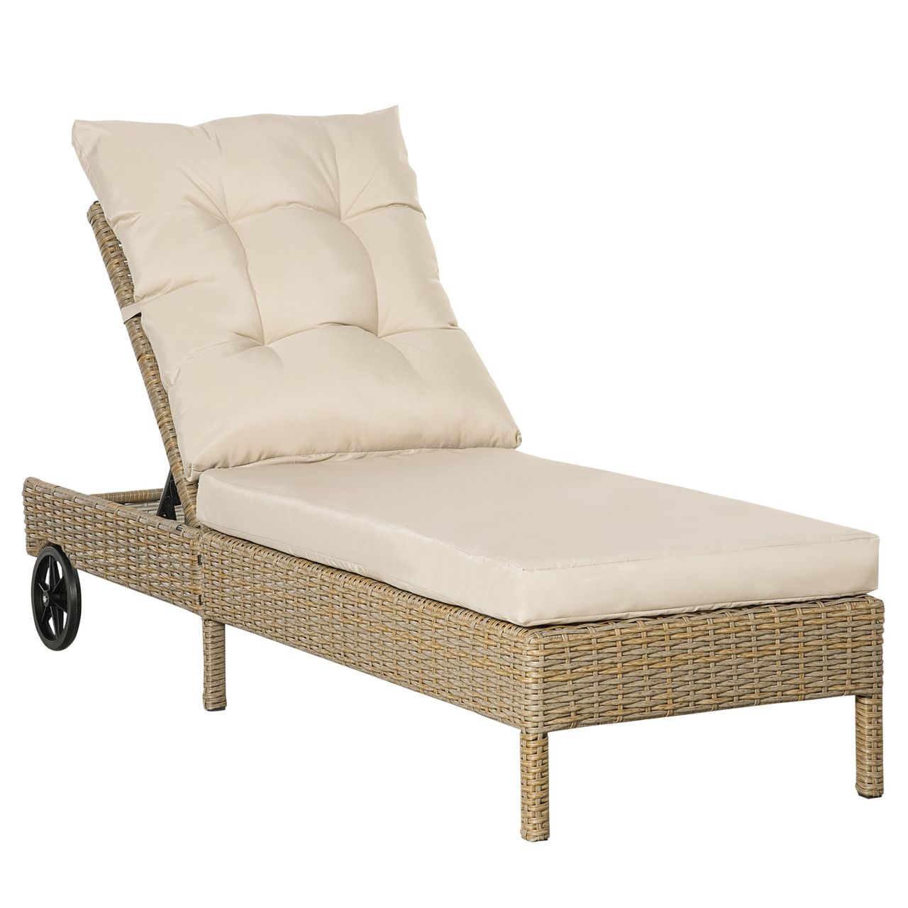 Outsunny Polyrattan Sonnenliege Gartenliege mit Rollen Kissen 4-stufig verstellbar Rattanliege Gartenmöbel Liege Stahl Natur Khaki 200 x 66 x 92 cm
