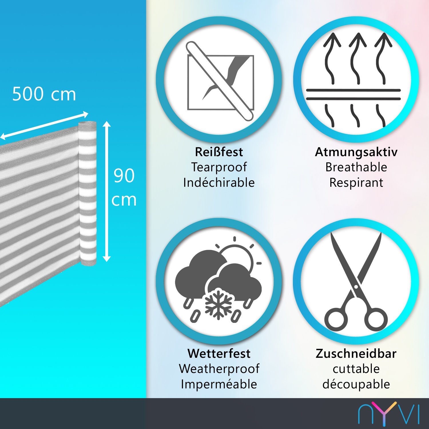 NYVI Balkonsichtschutz Balkon Sichtschutz ViewCover 90x500 cm - Ohne Bohren & Wetterfest HDPE (1-St) Balkonbespannung, Sichtschutz & Windschutz für Balkon, Terrasse, Zaun