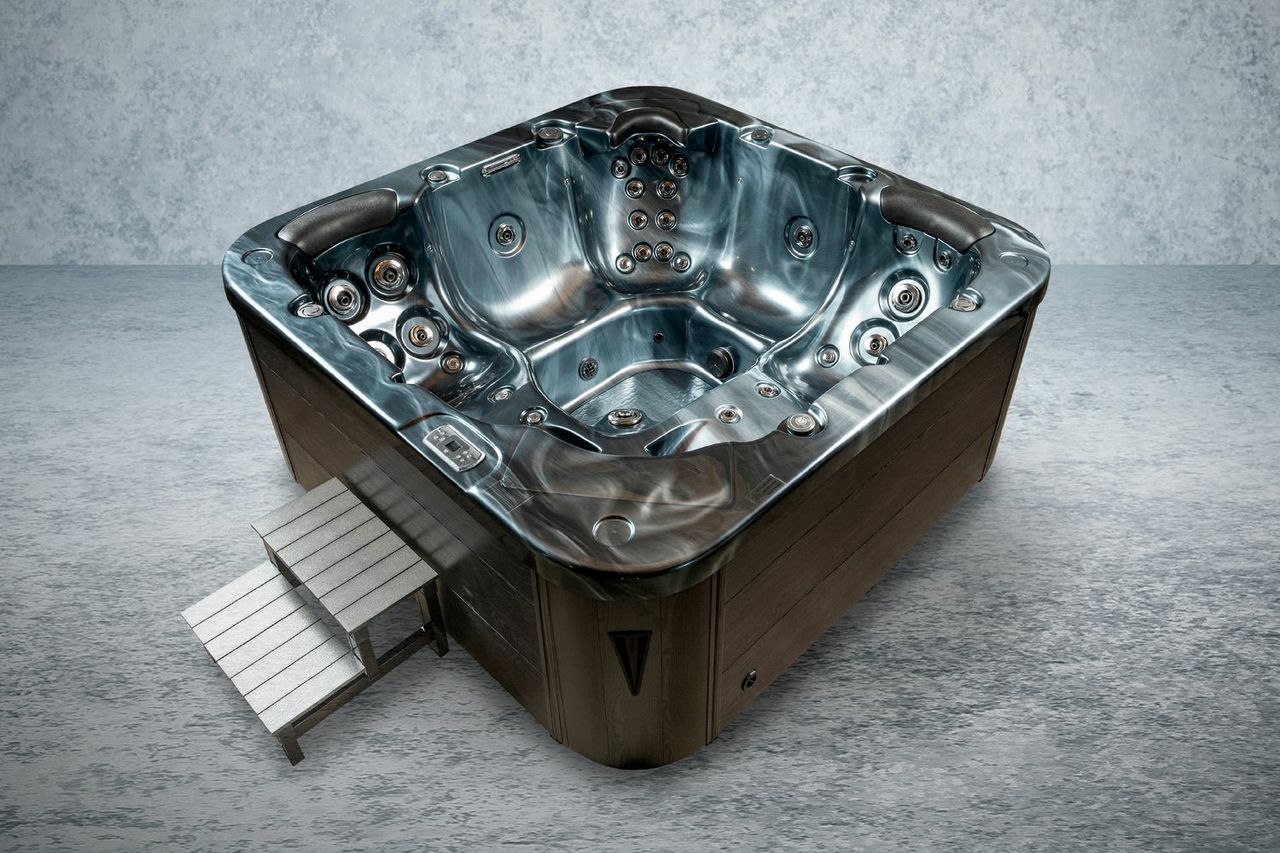 PureHaven American Outdoor-Whirlpool 215x215 cm für 5 Personen mit 53 Massagedüsen Heizung LEDs Thermoabdeckung Ozondesinfektion Pearl Shadow/Grau