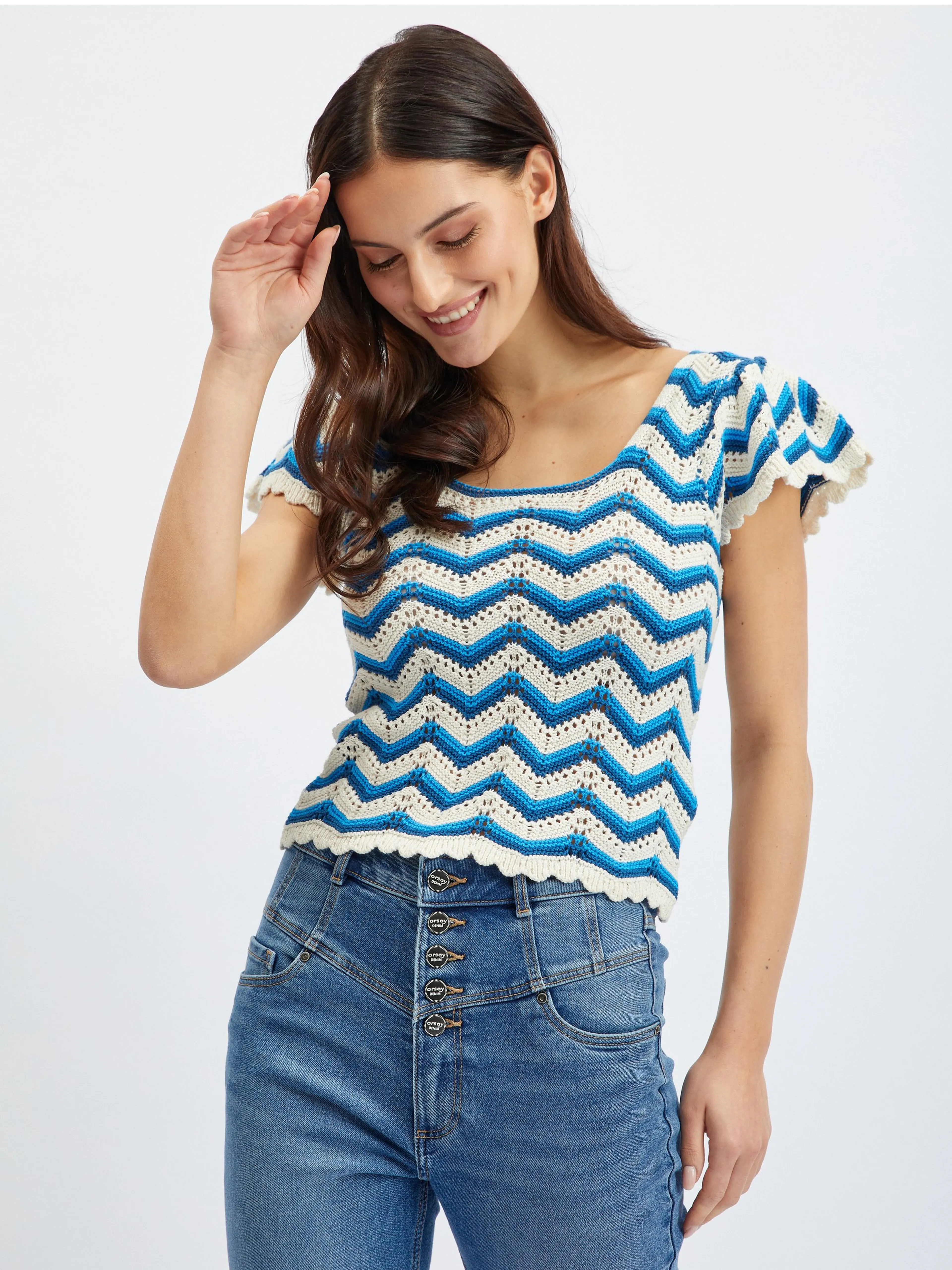 Blau-weiß gemustertes Damen-Pullover-Shirt ORSAY