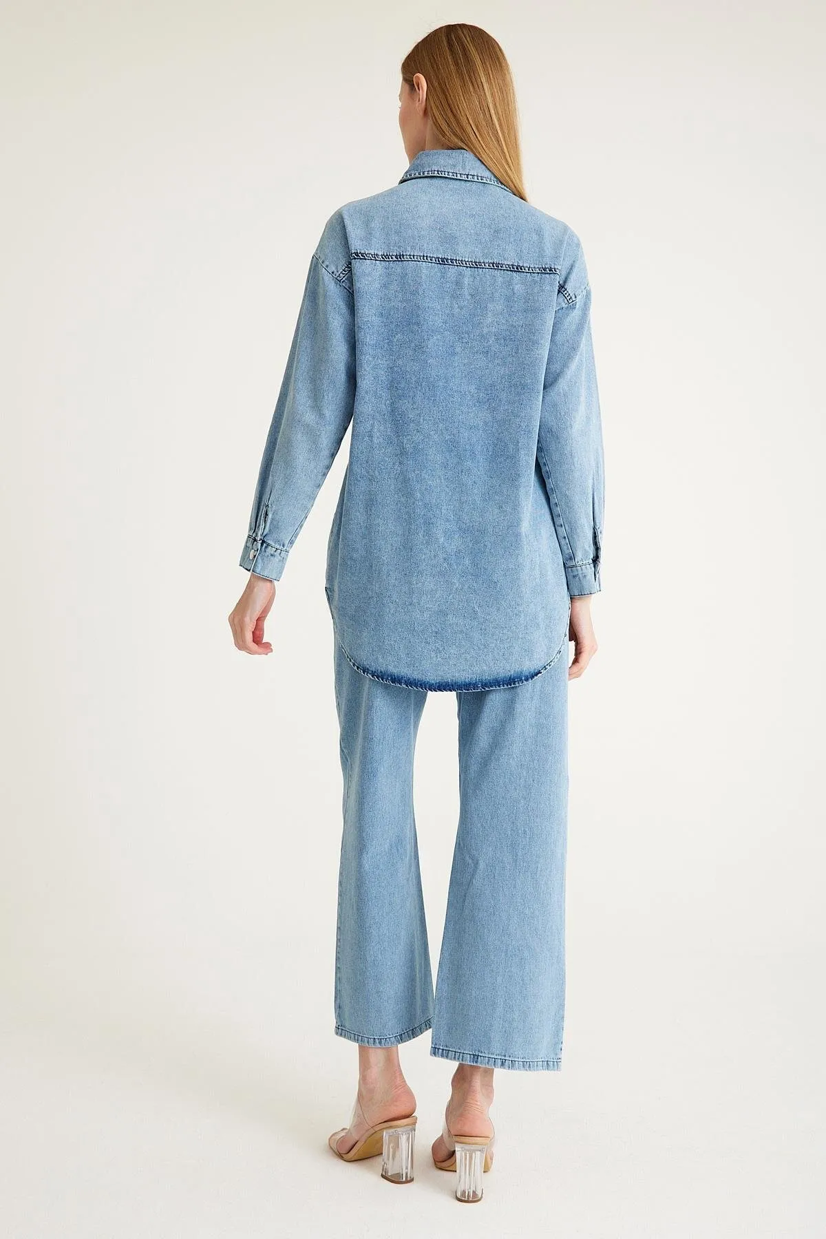 Olcay  Set aus Tunika und Hose aus Denim mit Steindetail - BLAU 9227-YTK