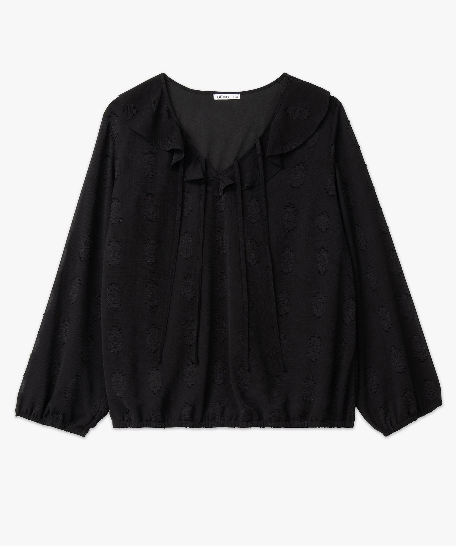 Blouse à manches longues avec col à volant femme grande ta... noir | GEMO