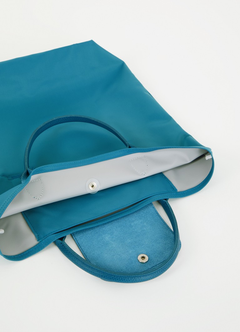 Geantă verde Longchamp Le Pliage, mărimea M, cu detalii din piele.