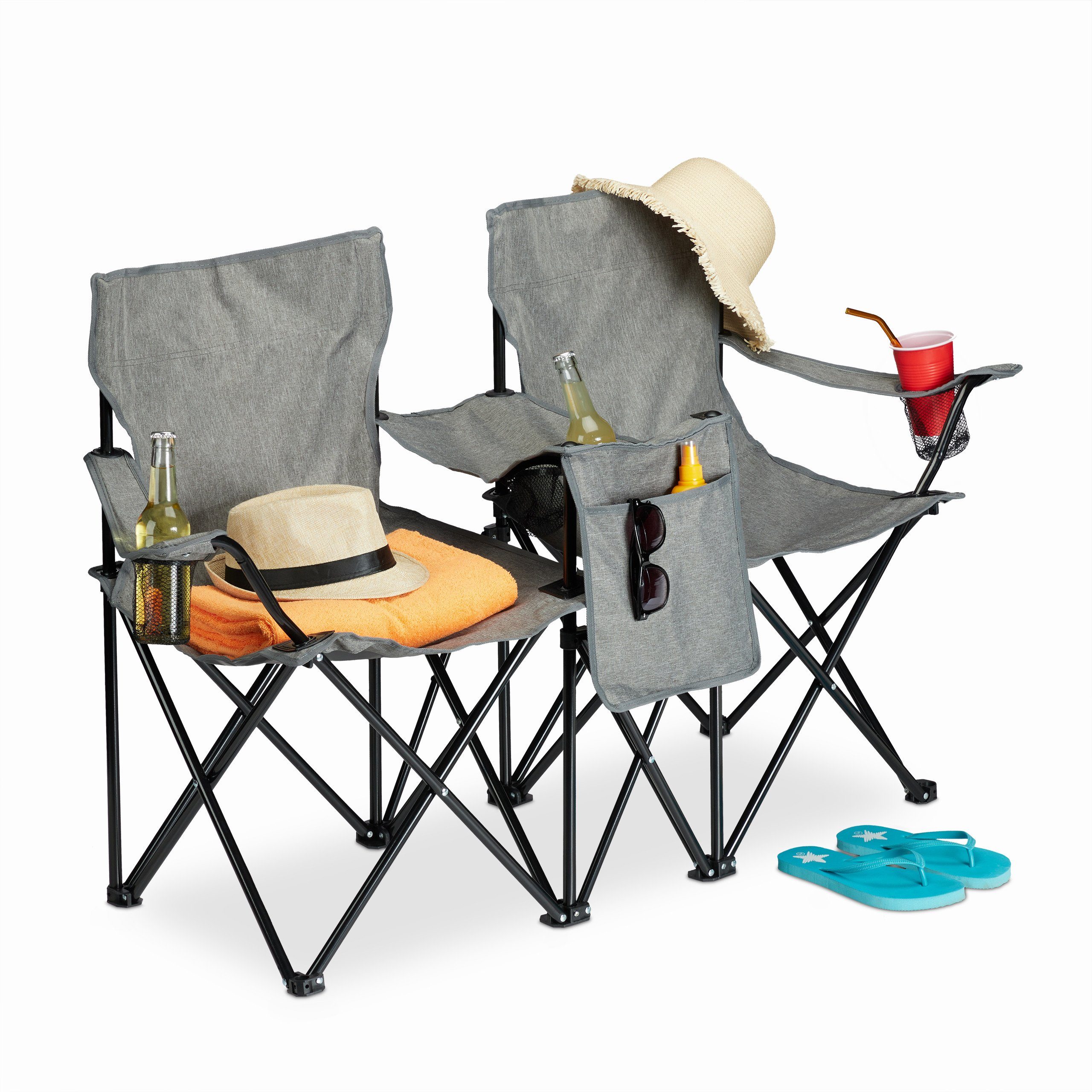 relaxdays Campingstuhl Doppel Campingstuhl mit Getränkehaltern, Grau