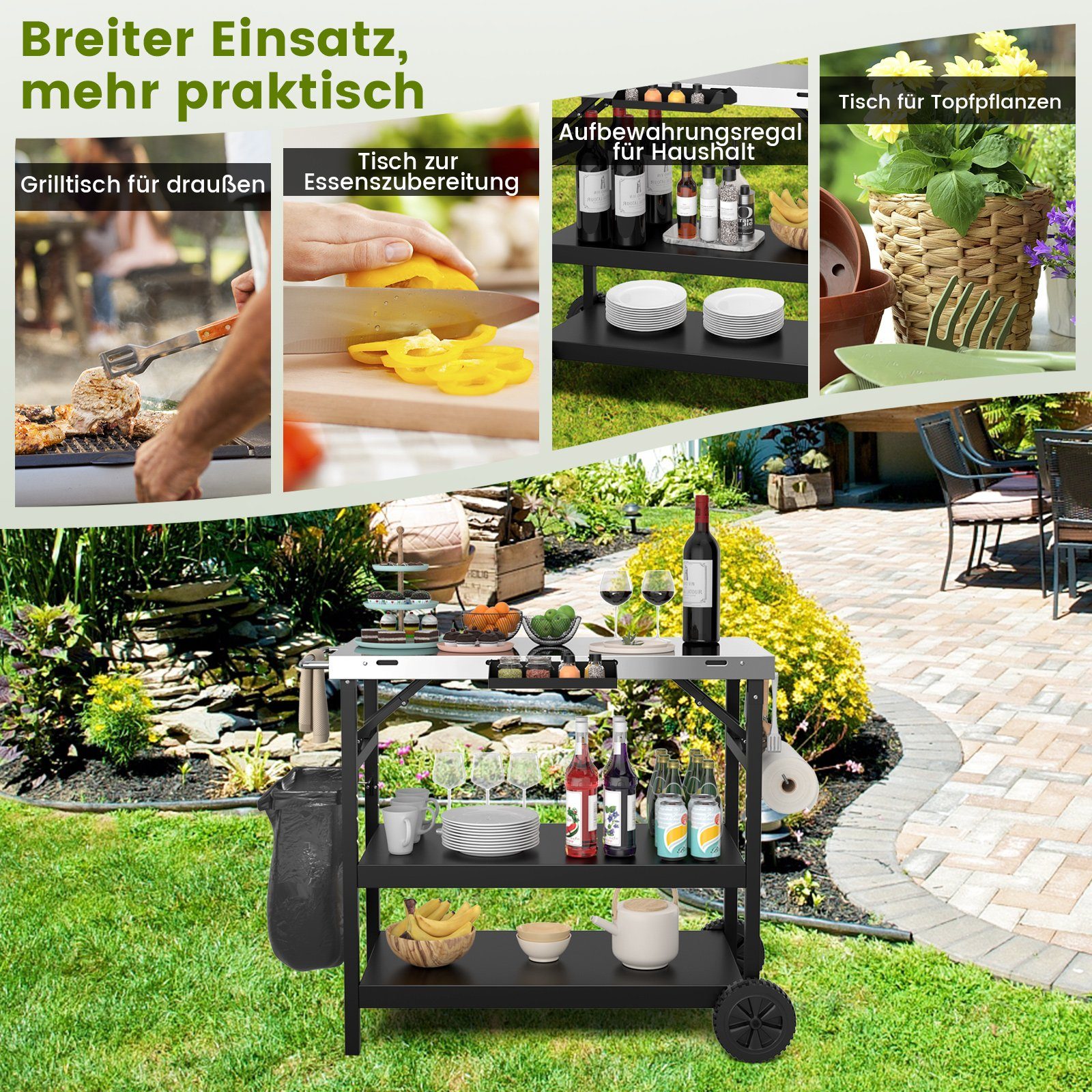 COSTWAY Grillablagetisch Grillwagen, Servierwagen, Edelstahl