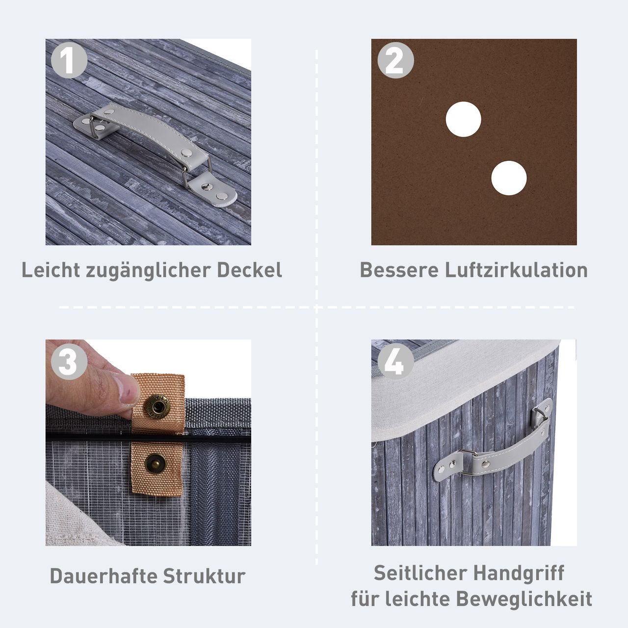 HOMCOM Wäschekorb Wäschebox Wäschesammler mit Deckel Segeltuchsack waschbarem Wäschesack mit Griffen Segeltuch   Bambus Grau100L 52 x 32 x 63 cm