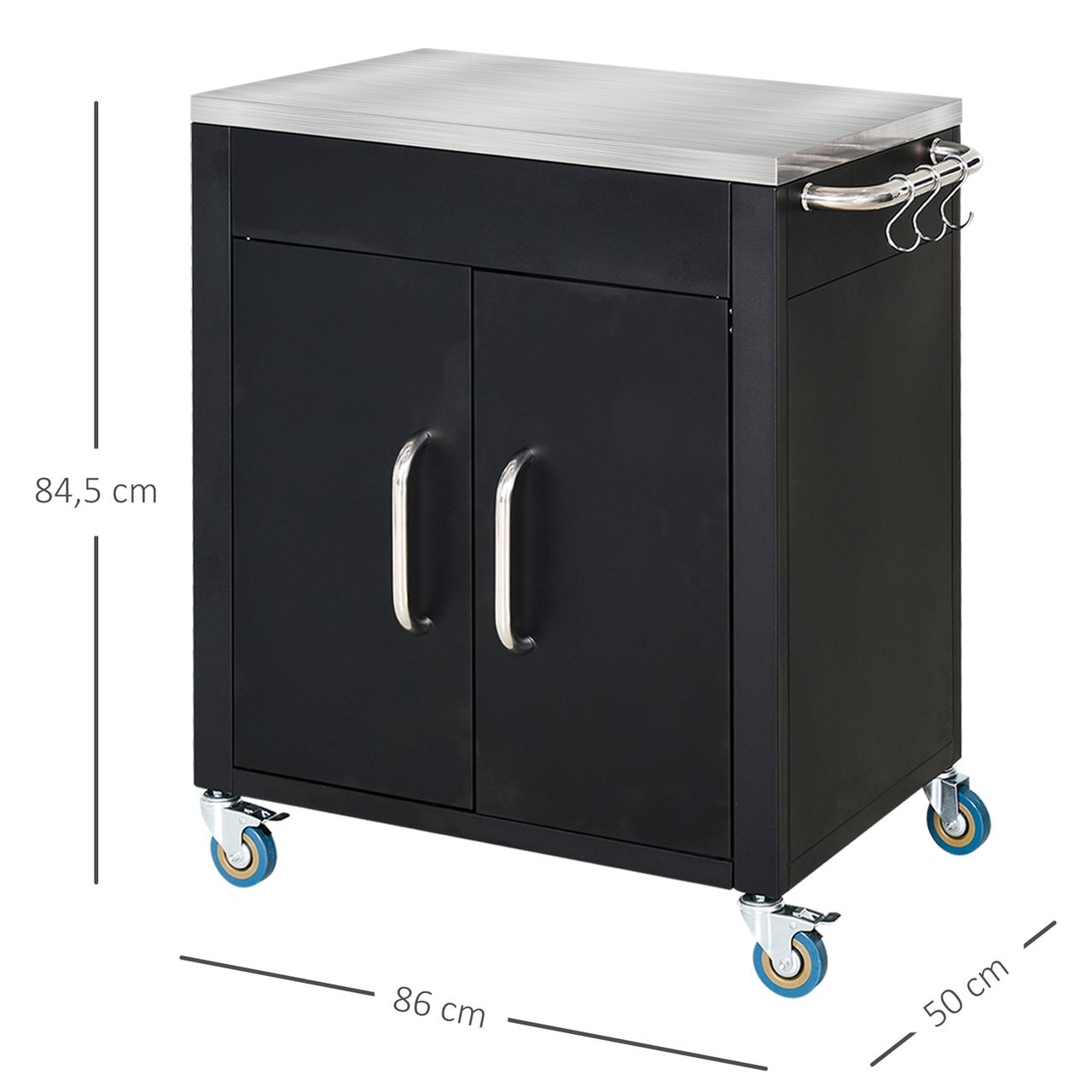 HOMCOM Küchenwagen mit Rollen, Servierwagen, Küchentrolley mit Schrank, Haken und Edelstahlgriffe, Rollwagen, Küchenhilfe, Schwarz, 86 x 50 x 86,5 cm