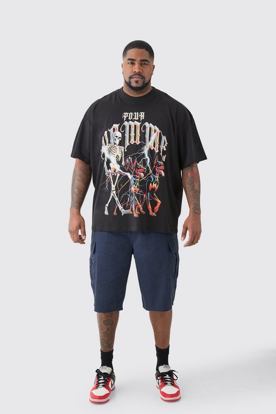 Plus schwarzes Pour Homme T-Shirt mit Skelett-Print