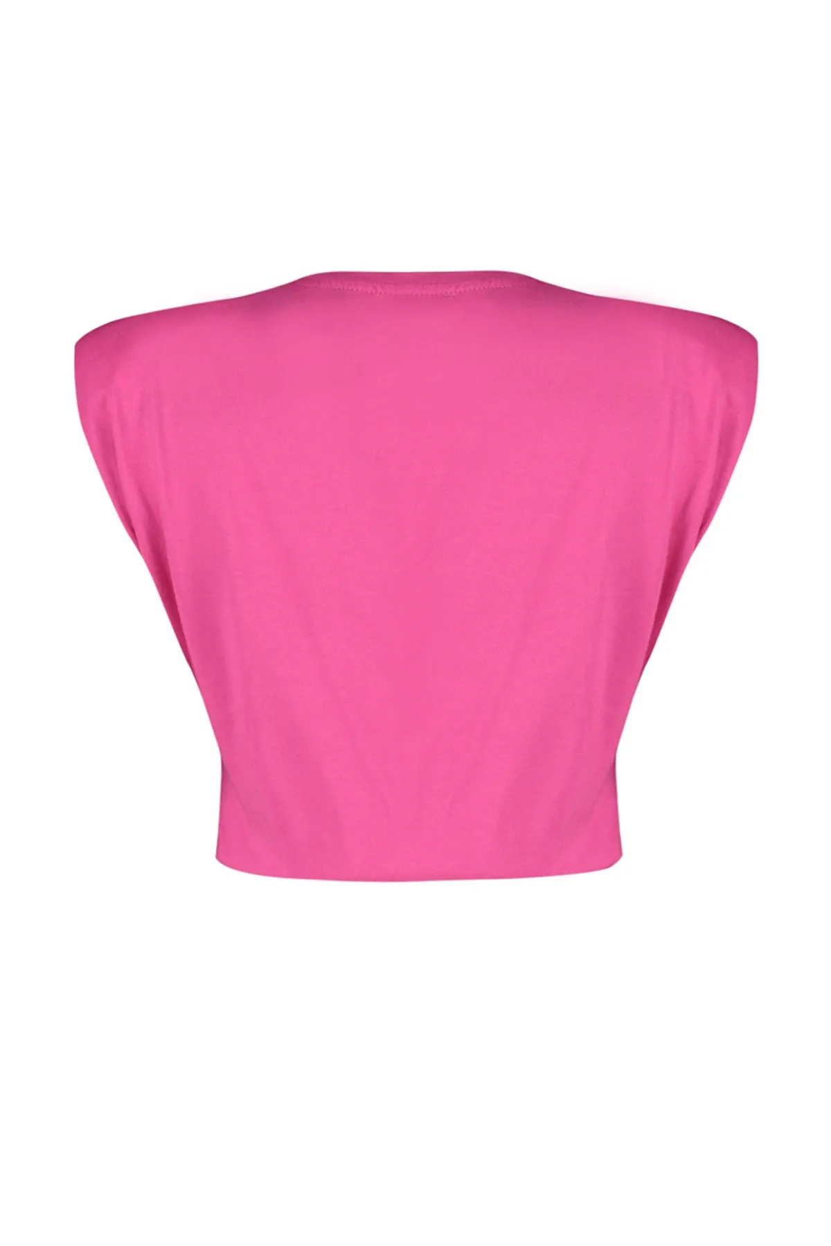 Trendyol Collection  Fuchsiafarbenes, wattiertes, kurz geschnittenes Strick-T-Shirt aus 100 % Baumwolle mit Rundhalsausschnitt TWOSS21TS0379