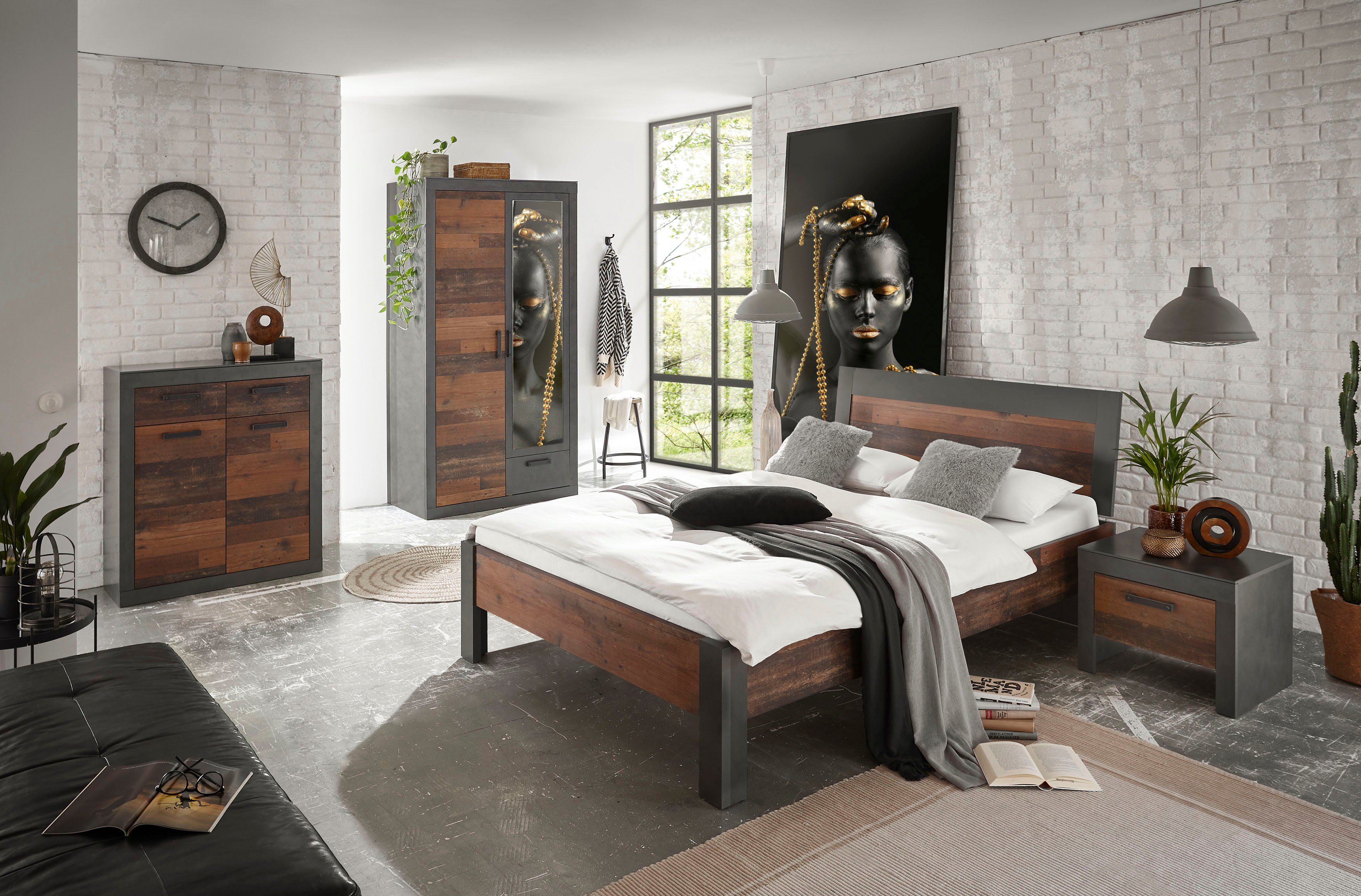 Home affaire Schlafzimmer-Set BROOKLYN, (Set, 4-St., mit Holzkopfteil, Nachtkommode, Kleiderschrank 2 trg., Kommode), in dekorativer Rahmenoptik