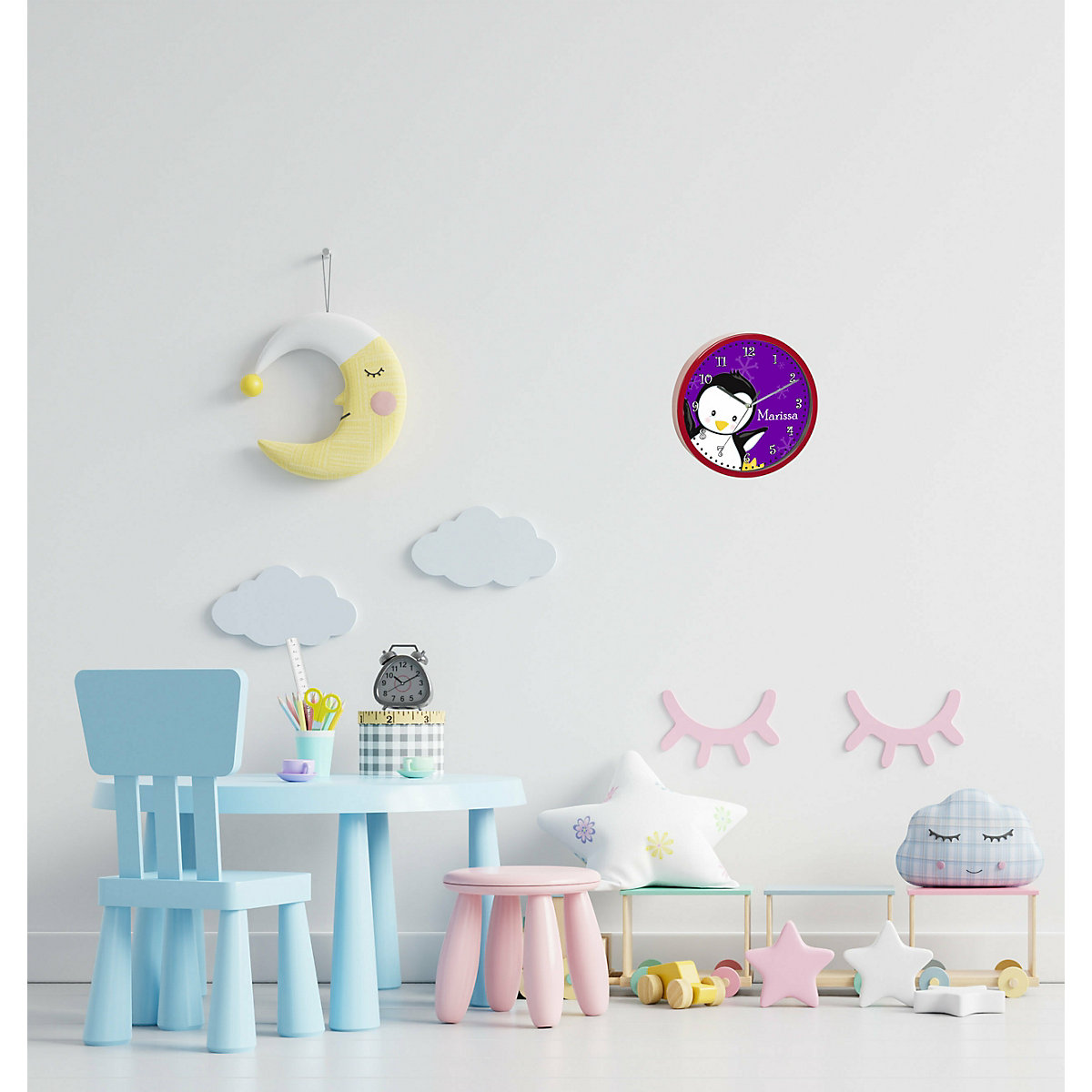 Kinder Wanduhr personalisiert mit Name Pinguin lila