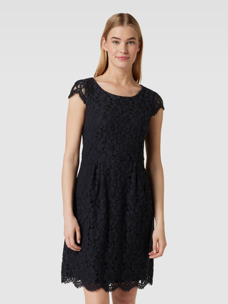 Knielanges Kleid mit floralen Stickereien in marineblau