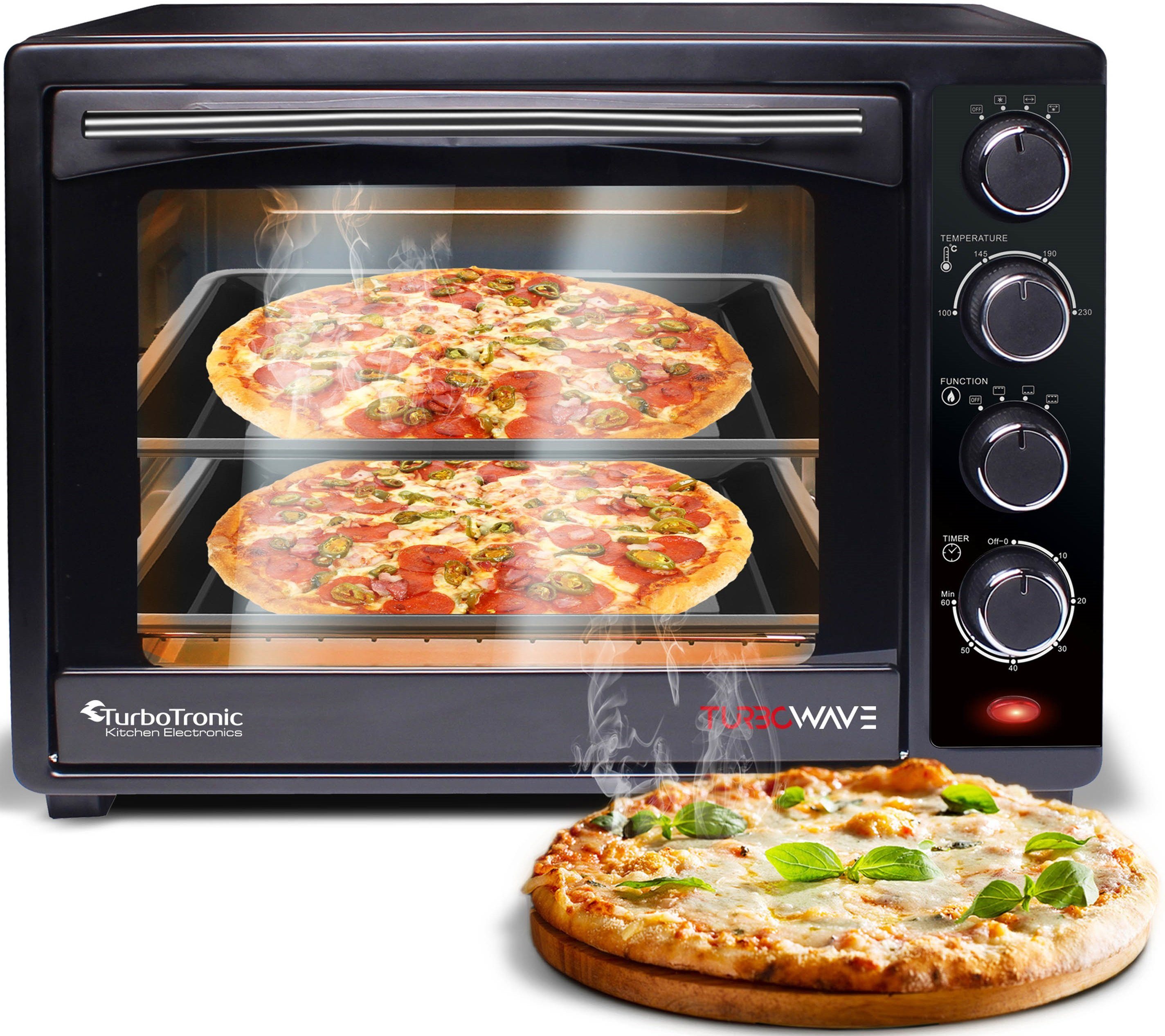 TurboTronic by Z-Line Minibackofen 35 Liter Schwarz, inkl. 1x Grillrost & 2x Backblech 1600W Camping, Pizzaofen 100-230°C Tischbackofen, mit Drehspieß