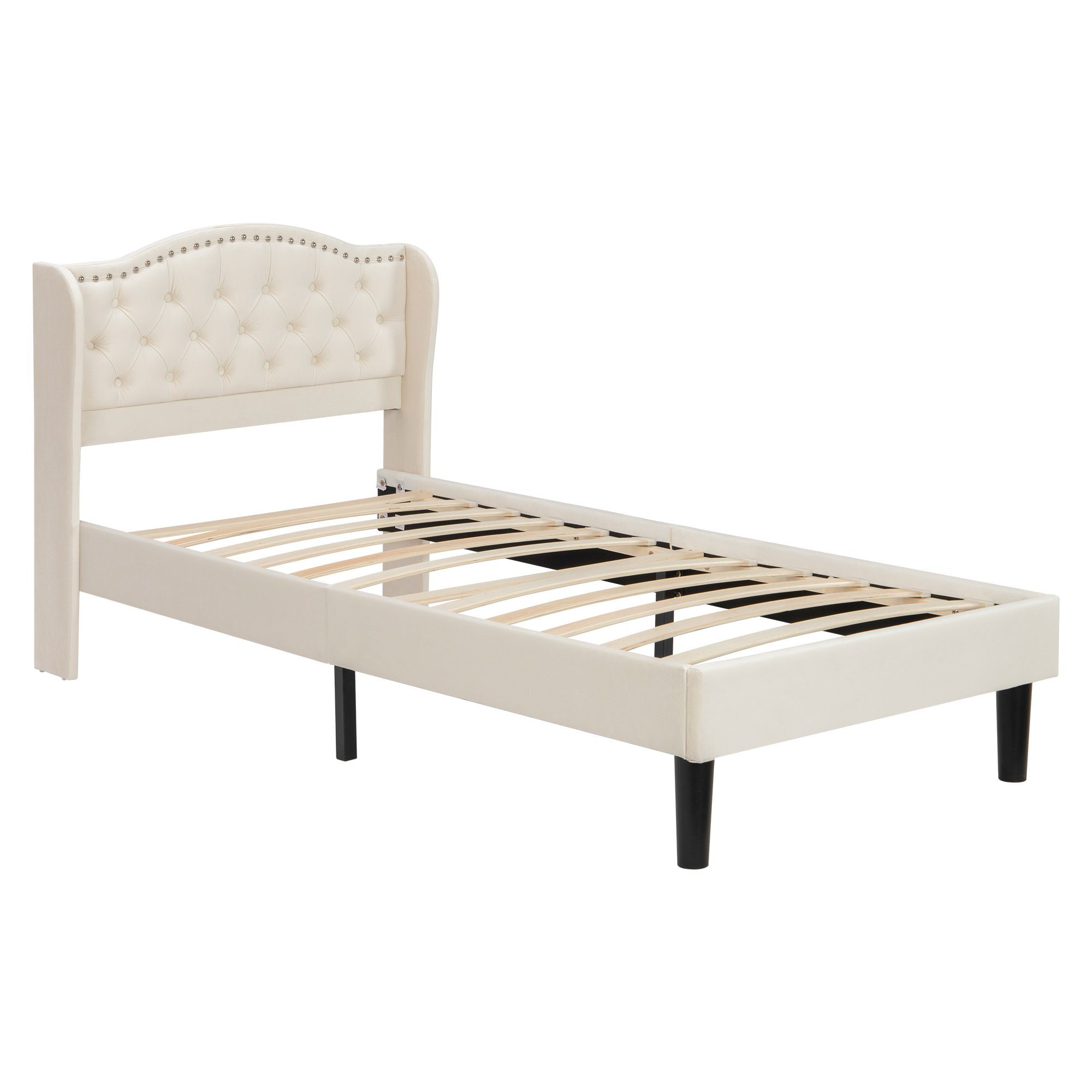 OKWISH Polsterbett Stilvolles Soft-Polsterbett mit samtigen Kopfteil (90x200 cm Ohne-Matratze), Knopf-Dekor und stabilen Holzplatten, Beige