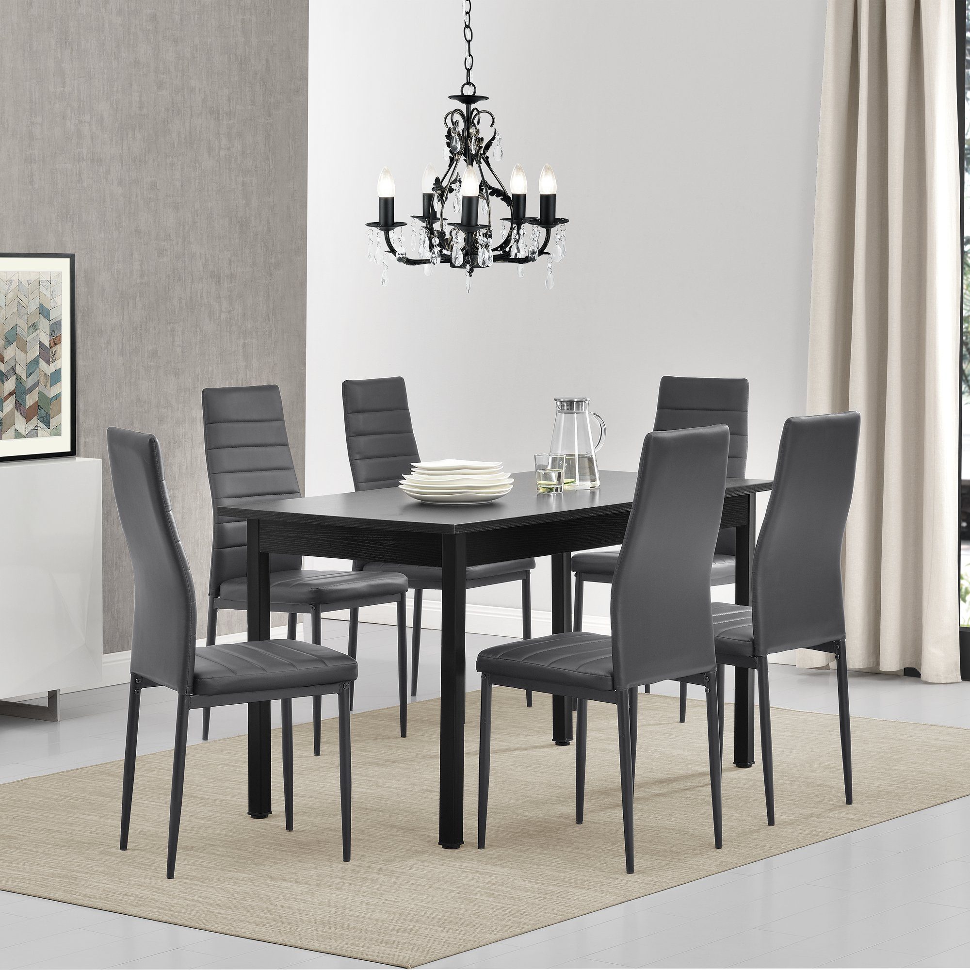 en.casa Essgruppe, (Set, 7-tlg., Esstisch mit 6 Stühlen), Bjerkvik 140x60cm Küchentisch Kunstleder Stühle schwarz/grau