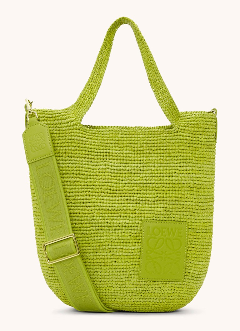 LOEWE Mini Slit -olkalaukku raffiasta, jossa vasikannahkaisia yksityiskohtia